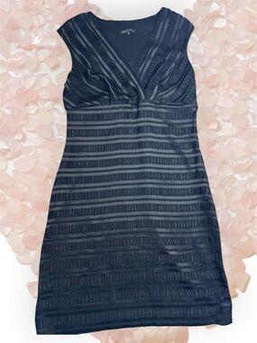 MARINA Black Textured Stripe V-Neck Midi Dress sz 14 (fits 12 best)